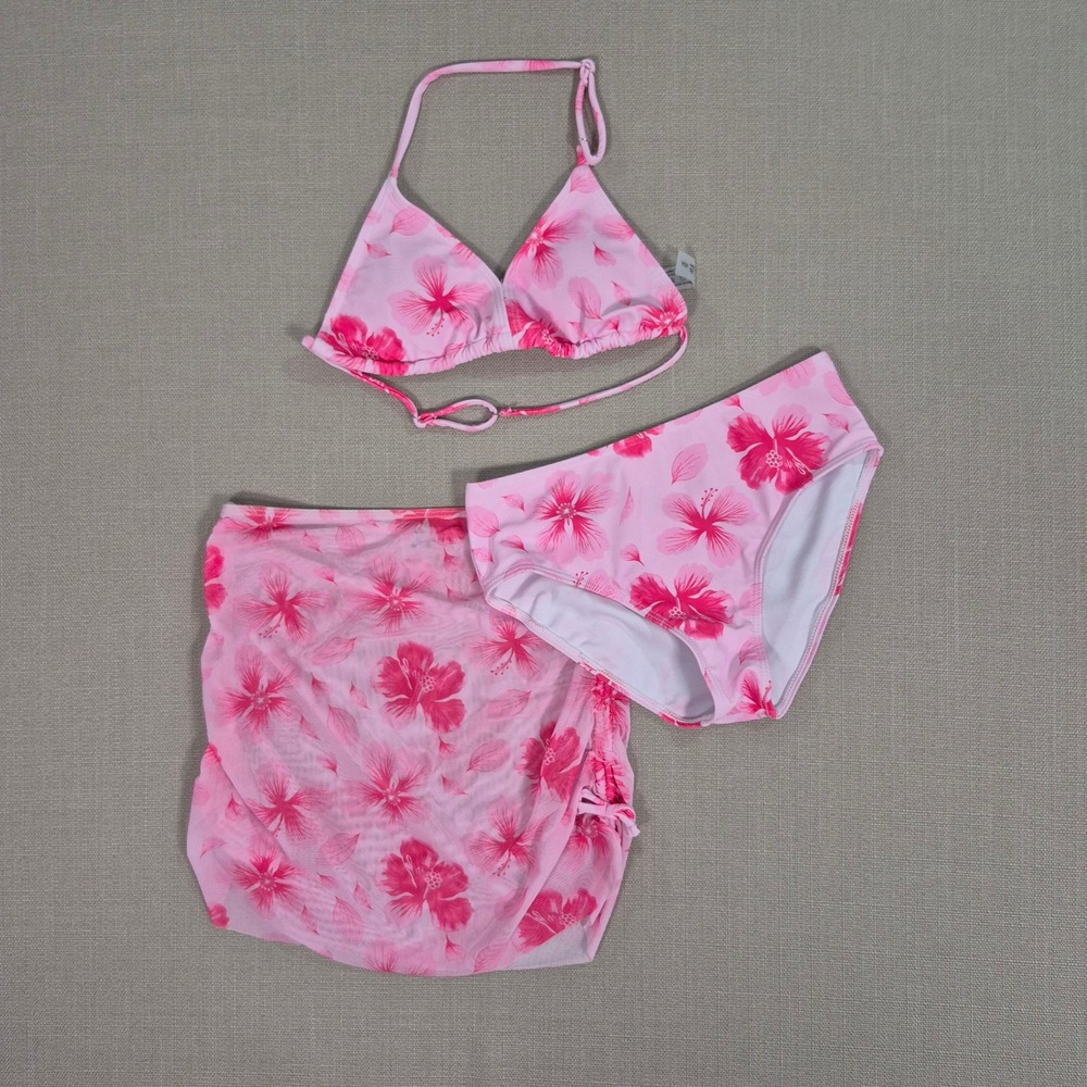 Girls Pink Hibiscus Floral 3-Piece Bikini Set with‎ Mesh Sarong Size 10Y